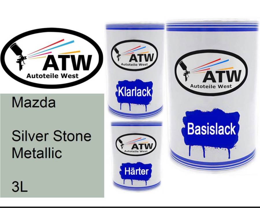 Mazda, Silver Stone Metallic, 3L: 500ml Lackdose + 500ml Klarlack + 250ml Härter - Set, von ATW Autoteile West.